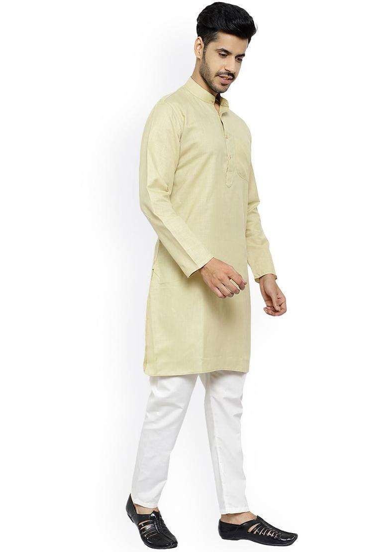Beige Striped Cotton Kurta Set For Men - Indya