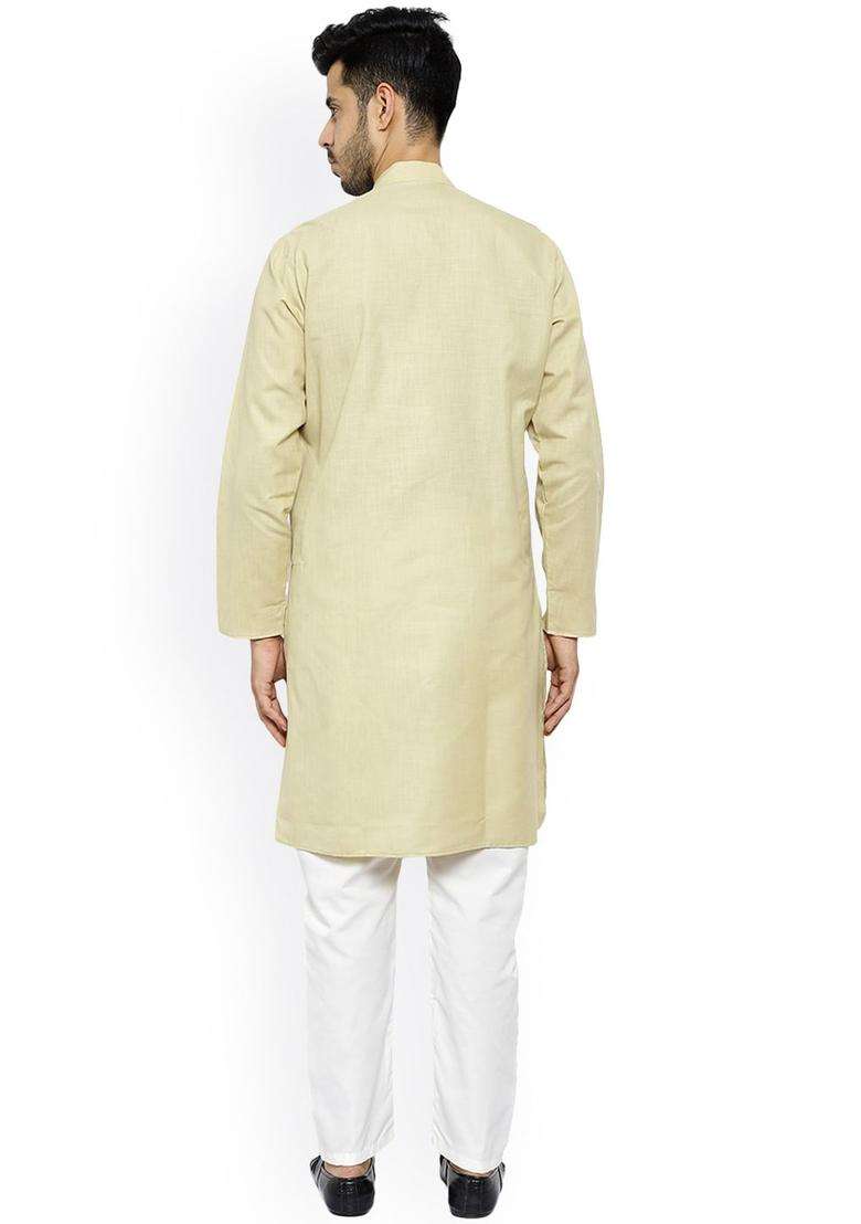 Beige Striped Cotton Kurta Set For Men - Indya
