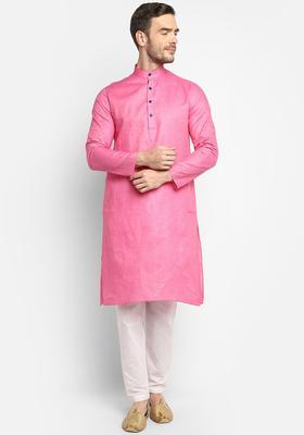 Pink Solid Cotton Kurta Set For Men