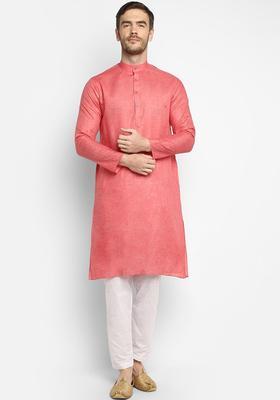 Peach Self Design Cotton Kurta Set For Men