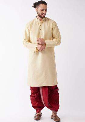 Gold Solid Silk Kurta Set For Men