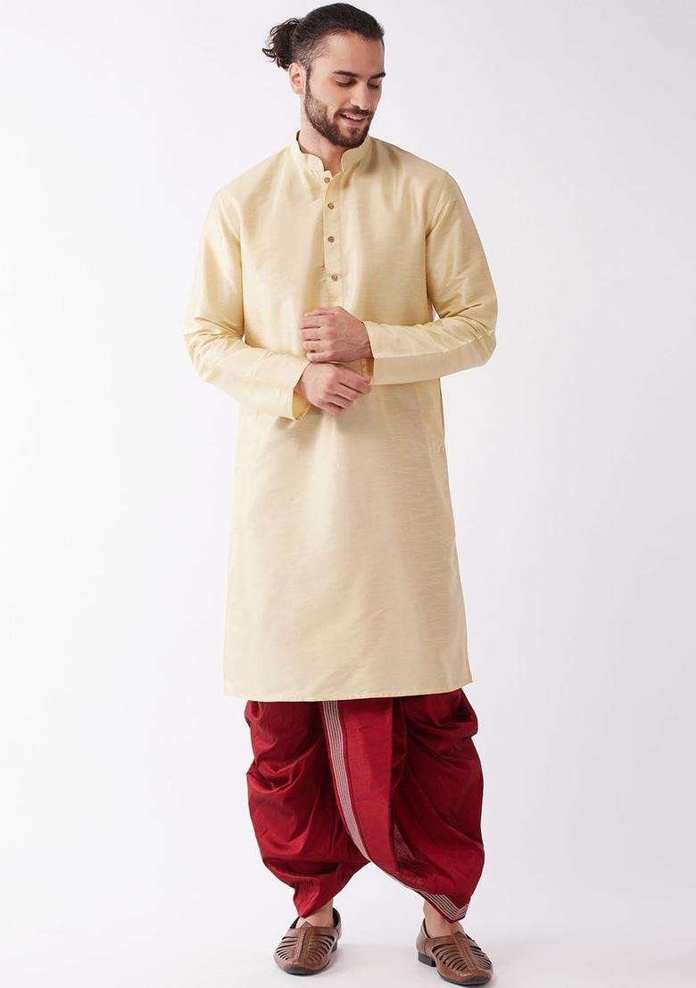 Gold Solid Silk Kurta Set For Men - Indya