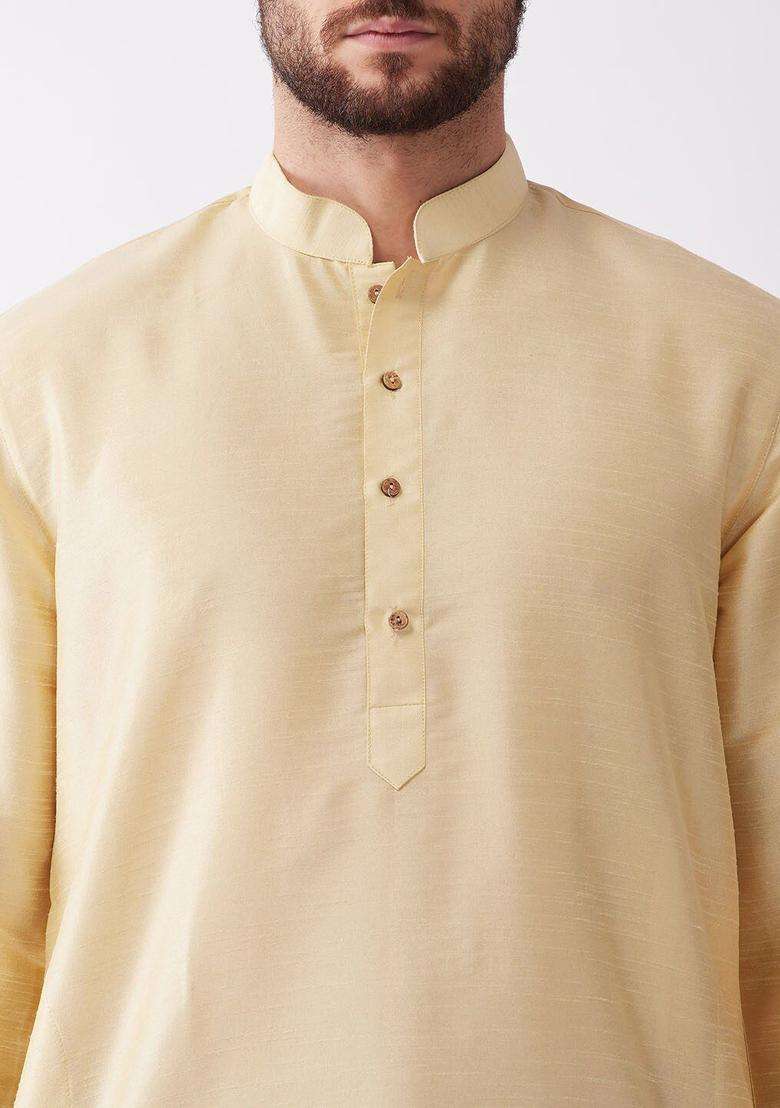 Gold Solid Silk Kurta Set For Men - Indya