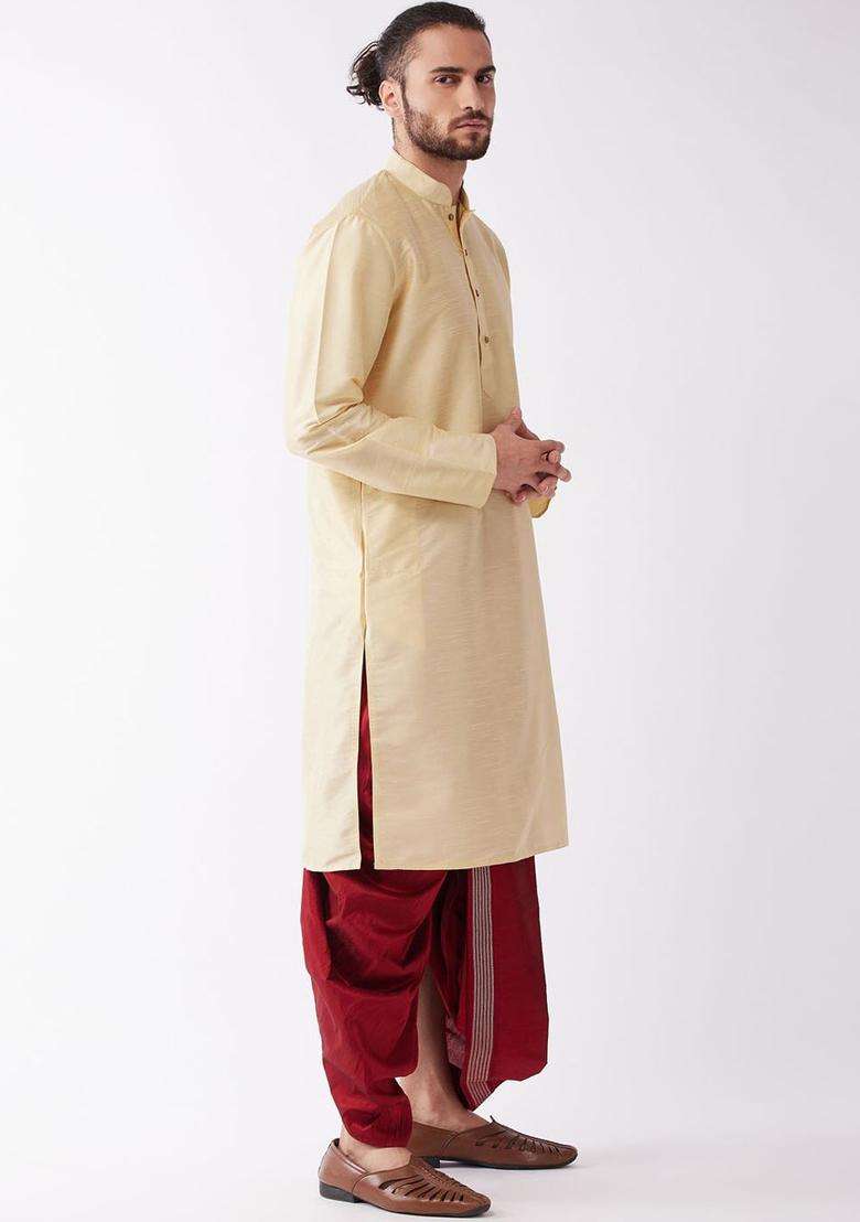 Gold Solid Silk Kurta Set For Men - Indya