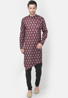 Maroon Printed Cotton Kurta Set For Men