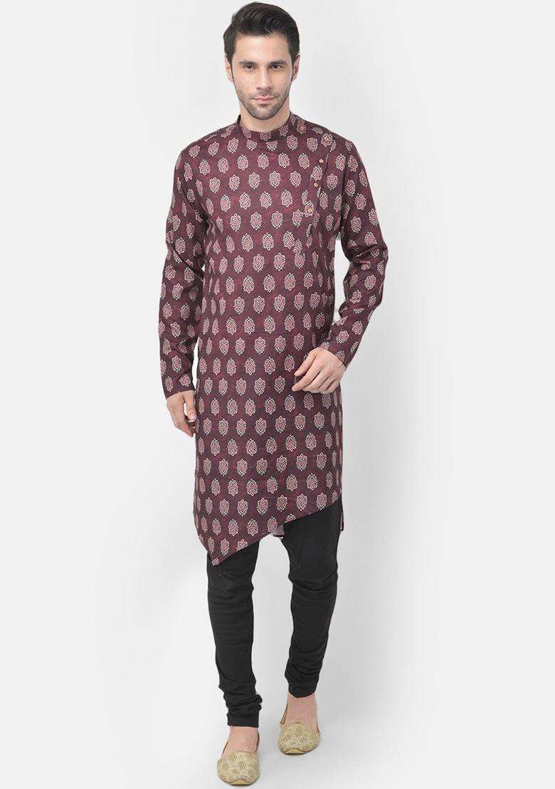 Maroon Printed Cotton Kurta Set For Men - Indya
