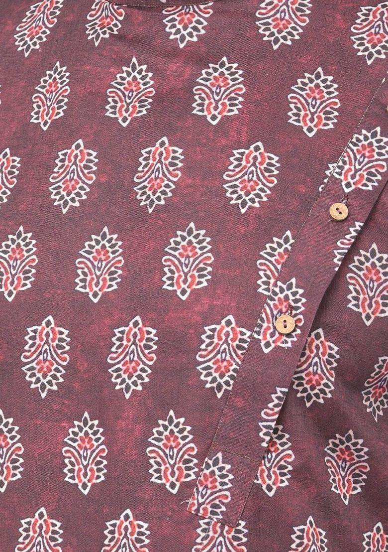 Maroon Printed Cotton Kurta Set For Men - Indya