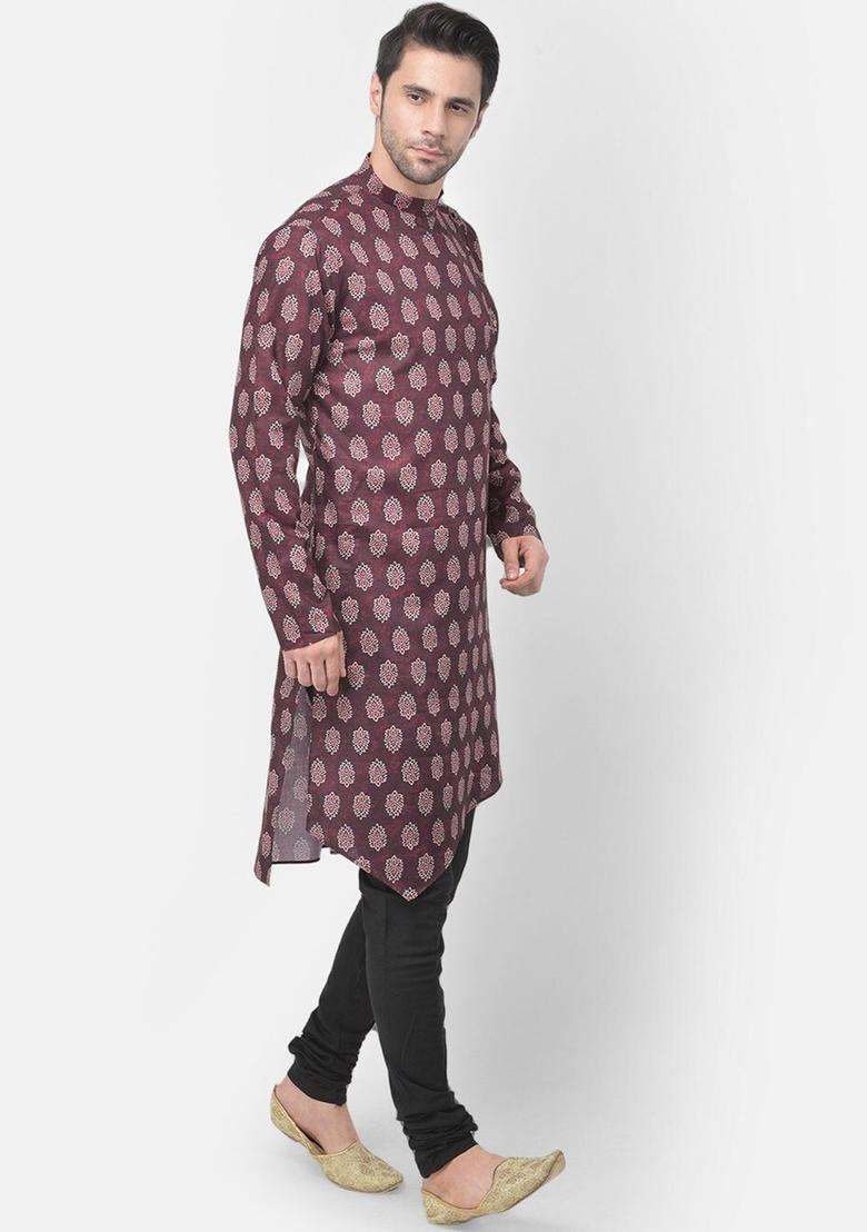 Maroon Printed Cotton Kurta Set For Men - Indya
