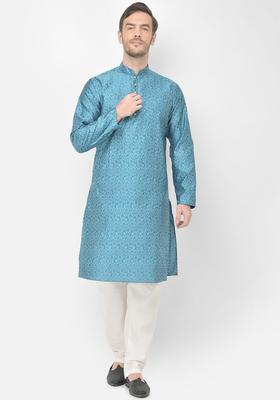 Turquoise Blue Self Design Silk Kurta Set For Men