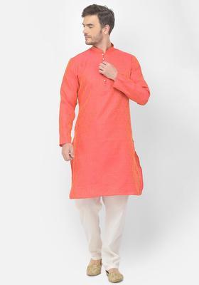 Peach Woven Design Silk Kurta Set For Men