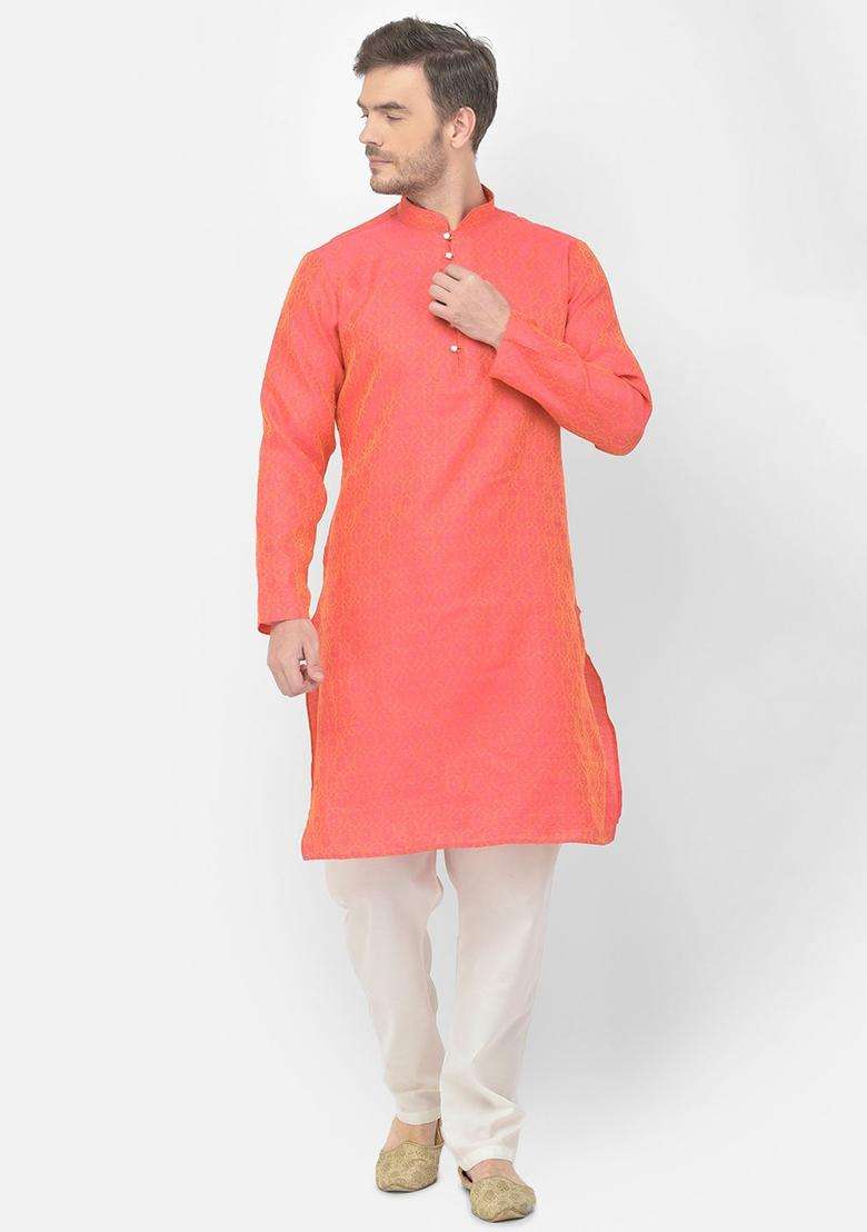 Peach Woven Design Silk Kurta Set For Men - Indya