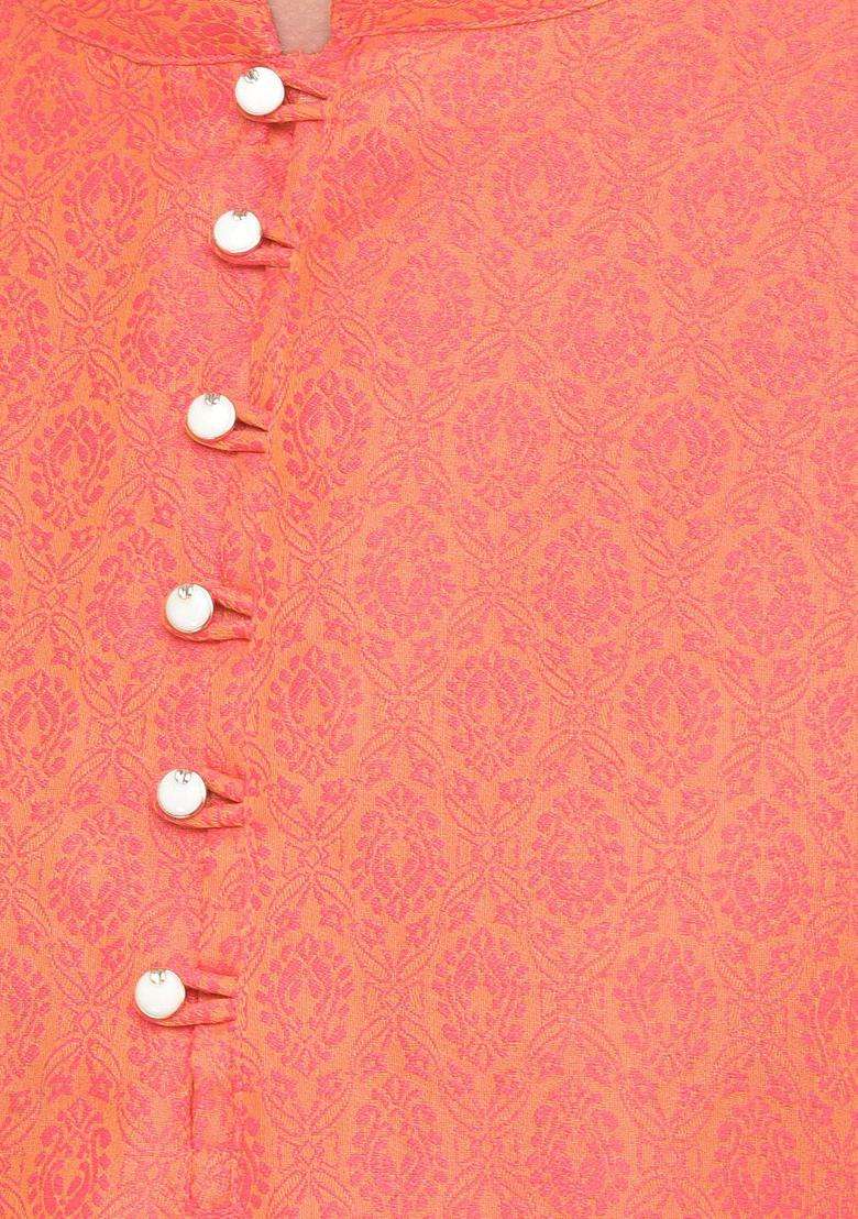 Peach Woven Design Silk Kurta Set For Men - Indya