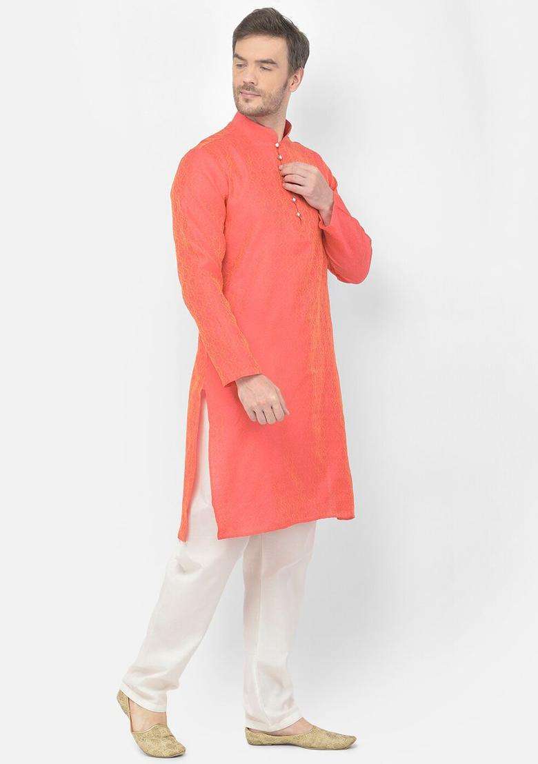 Peach Woven Design Silk Kurta Set For Men - Indya