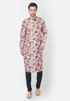 White Printed Cotton Kurta Set For Men