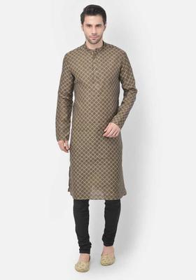 Beige Printed Cotton Kurta Set For Men