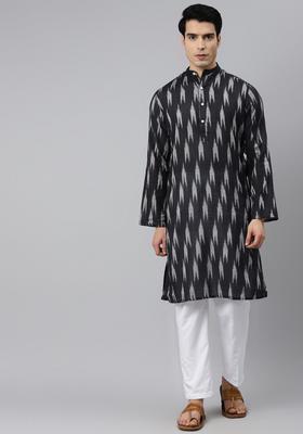 Black Printed Cotton Kurta Set For Men