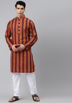 Red Striped Cotton Kurta Set For Men