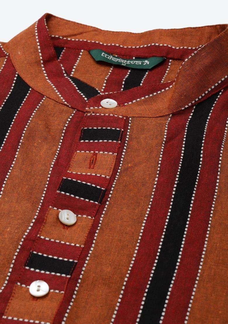 Red Striped Cotton Kurta Set For Men - Indya