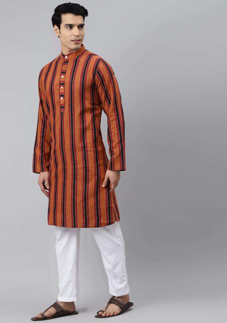 Red Striped Cotton Kurta Set For Men - Indya