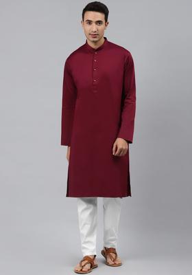 Maroon Solid Cotton Kurta Set For Men
