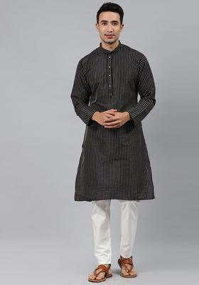 Black Striped Silk Kurta Set For Men