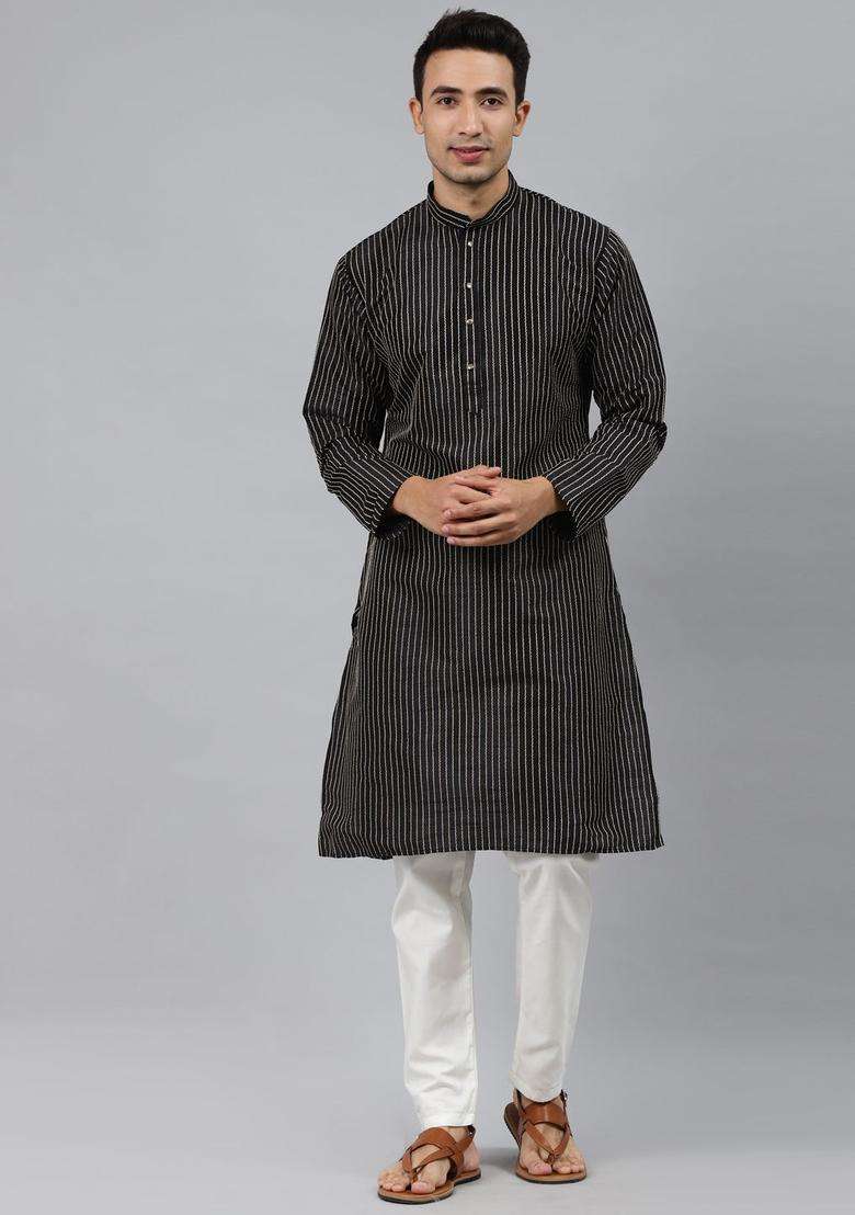 Black Striped Silk Kurta Set For Men - Indya