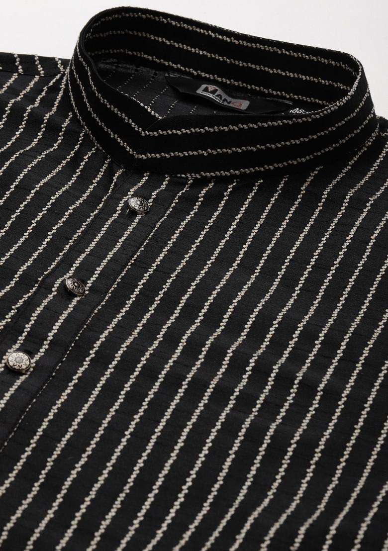Black Striped Silk Kurta Set For Men - Indya