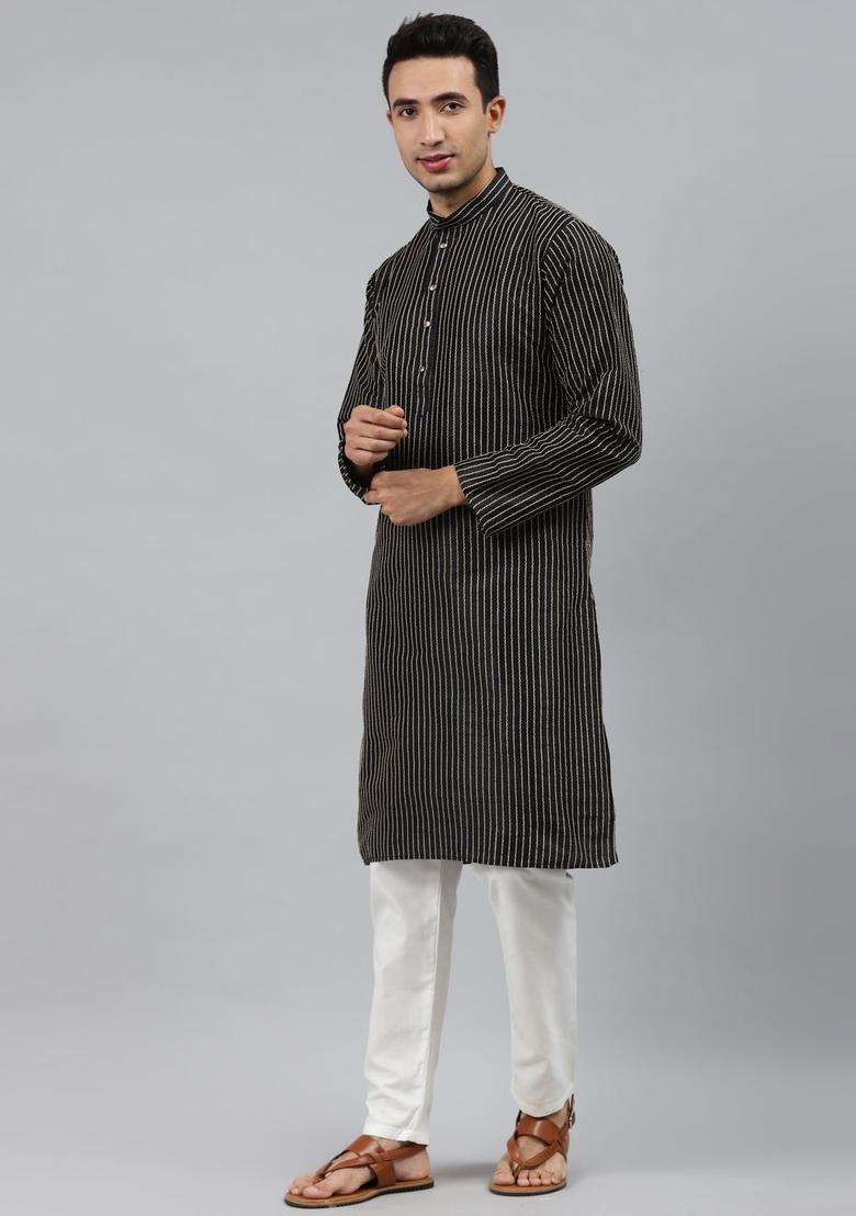 Black Striped Silk Kurta Set For Men - Indya