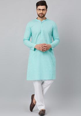 Turquoise Blue Embroidered Cotton Kurta Set For Men