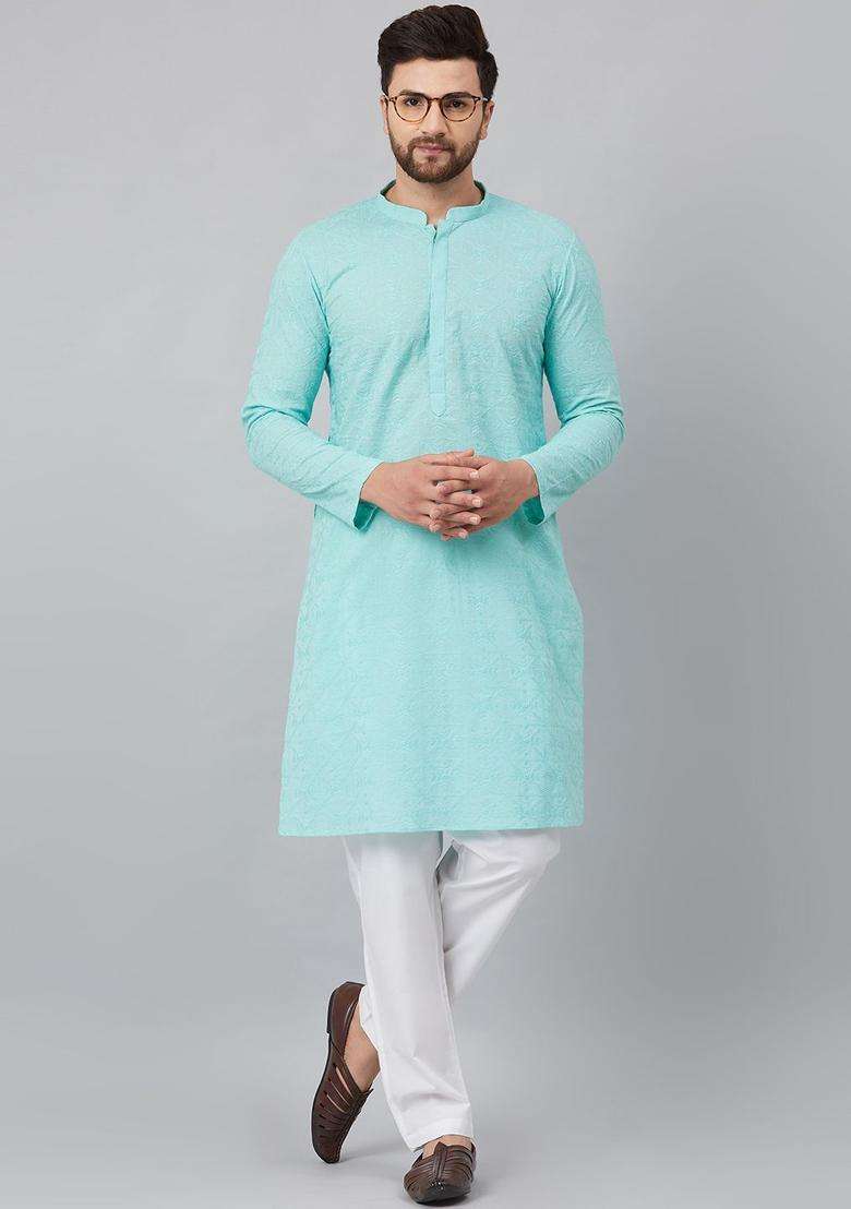 Turquoise Blue Embroidered Cotton Kurta Set For Men - Indya