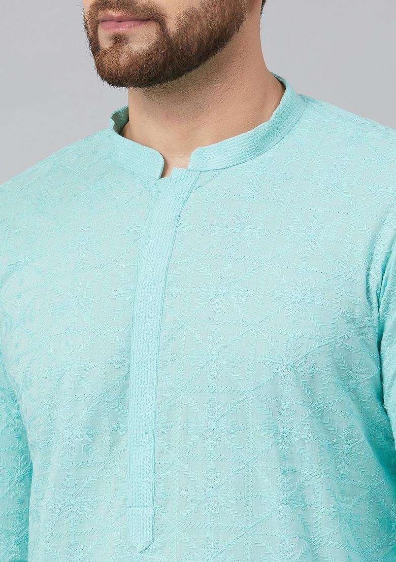 Turquoise Blue Embroidered Cotton Kurta Set For Men - Indya