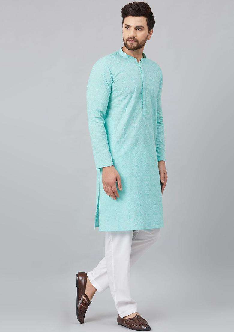 Turquoise Blue Embroidered Cotton Kurta Set For Men - Indya