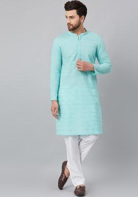 Turquoise Blue Embroidered Cotton Kurta Set For Men