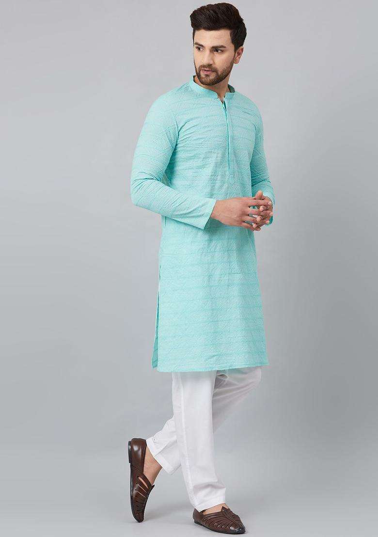 Turquoise Blue Embroidered Cotton Kurta Set For Men - Indya