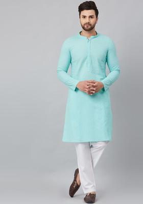 Turquoise Blue Embroidered Cotton Kurta Set For Men