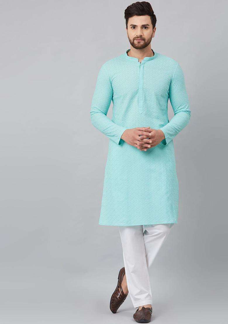 Turquoise Blue Embroidered Cotton Kurta Set For Men - Indya
