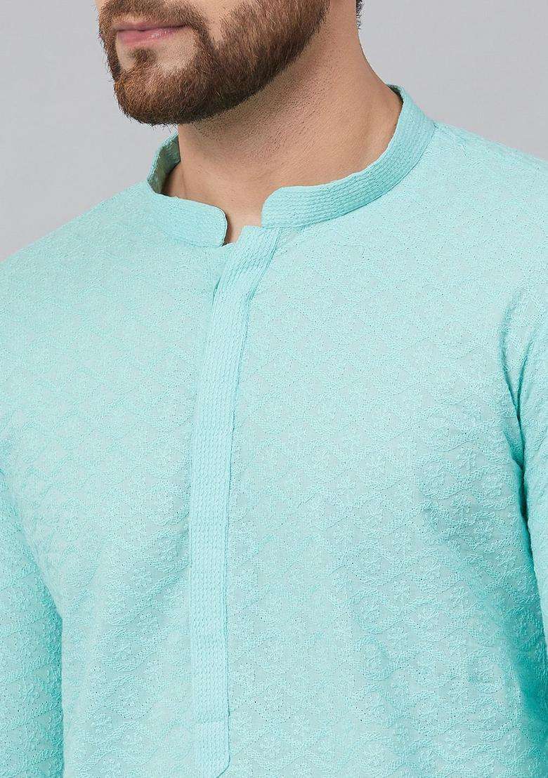 Turquoise Blue Embroidered Cotton Kurta Set For Men - Indya