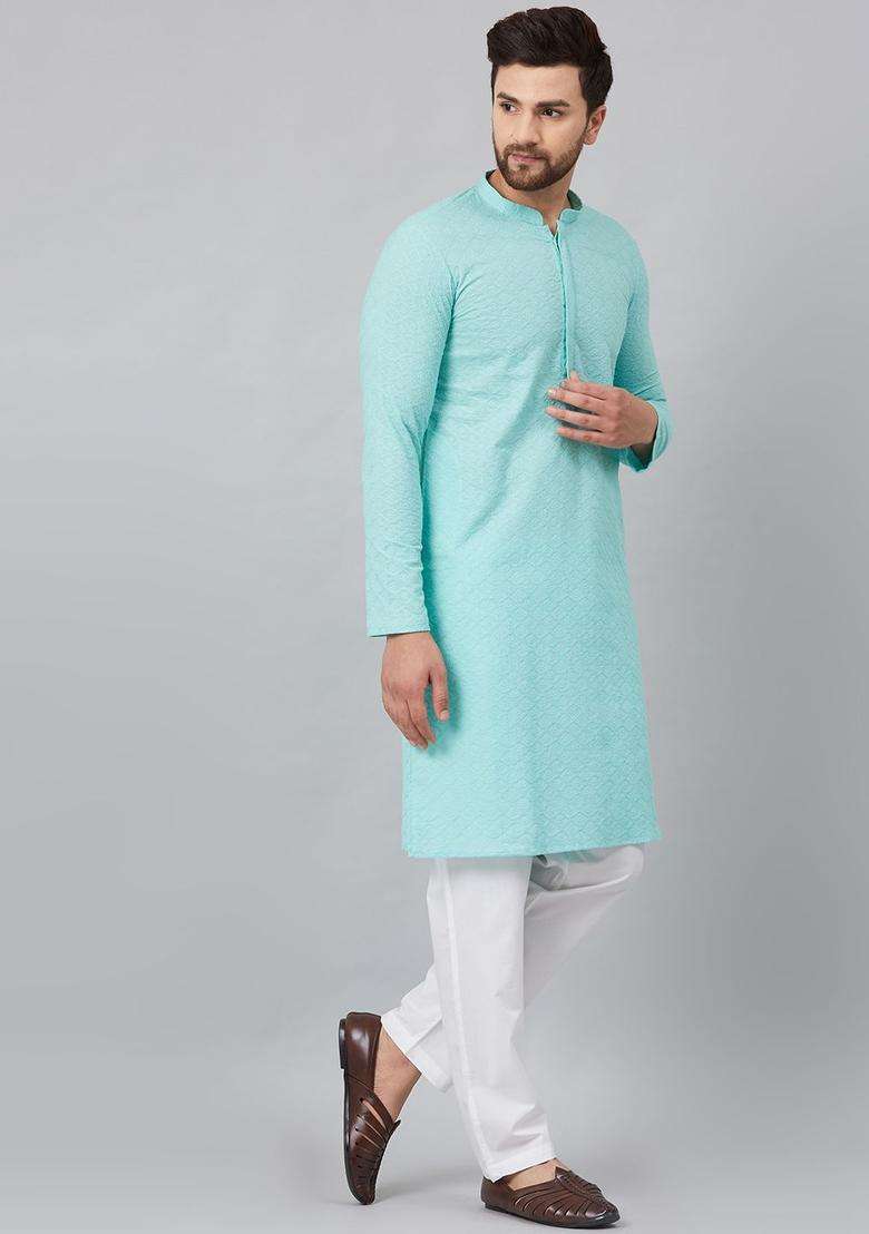 Turquoise Blue Embroidered Cotton Kurta Set For Men - Indya