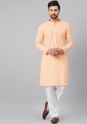 Peach Embroidered Cotton Kurta Set For Men