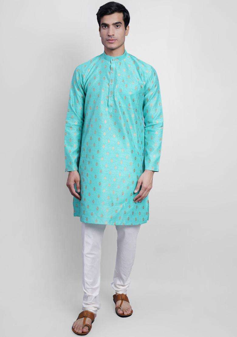 Blue Printed Silk Kurta Set For Men - Indya