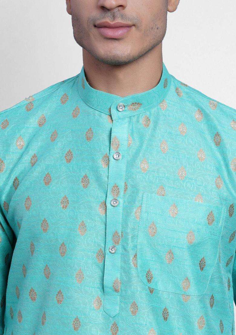 Blue Printed Silk Kurta Set For Men - Indya