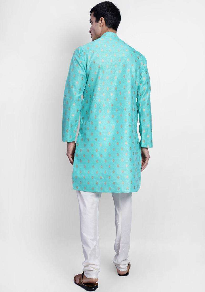 Blue Printed Silk Kurta Set For Men - Indya