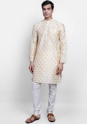 Cream Printed Silk Kurta Set For Men
