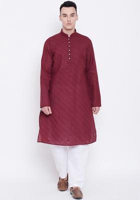 Maroon Solid Cotton Kurta Set For Men