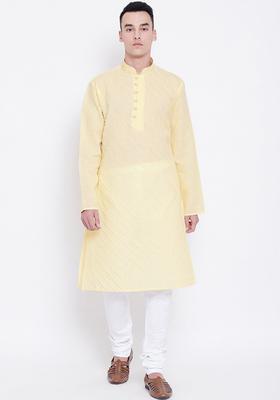 Yellow Striped Cotton Kurta Set For Men