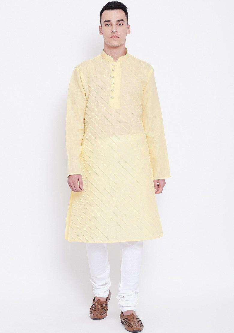 Yellow Striped Cotton Kurta Set For Men - Indya