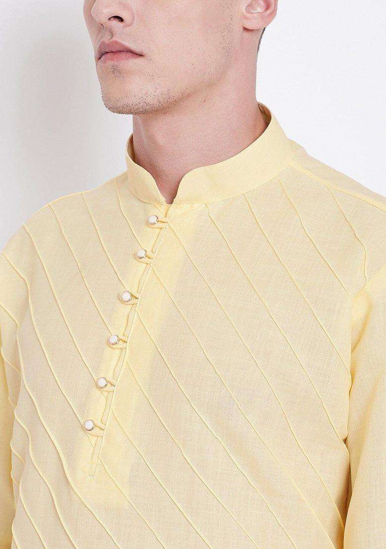Yellow Striped Cotton Kurta Set For Men - Indya