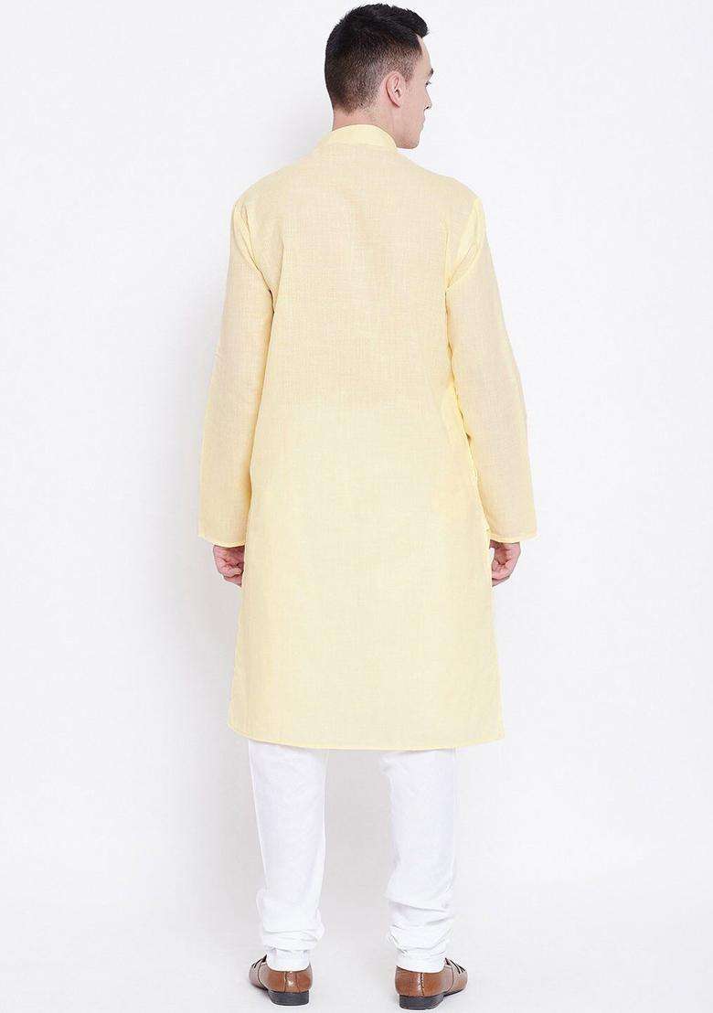 Yellow Striped Cotton Kurta Set For Men - Indya