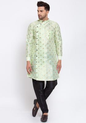 Green Printed Silk Kurta Set For Men