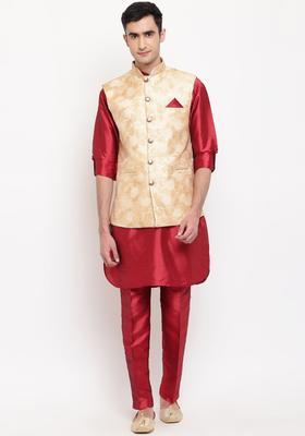Red Solid Silk Kurta Set For Men